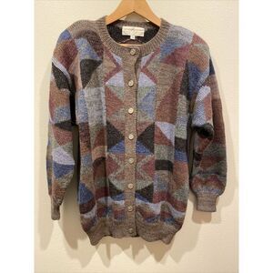 Vintage Peruvian Connection Sweater Alpaca Handmade Medium Cardigan Geometric‎